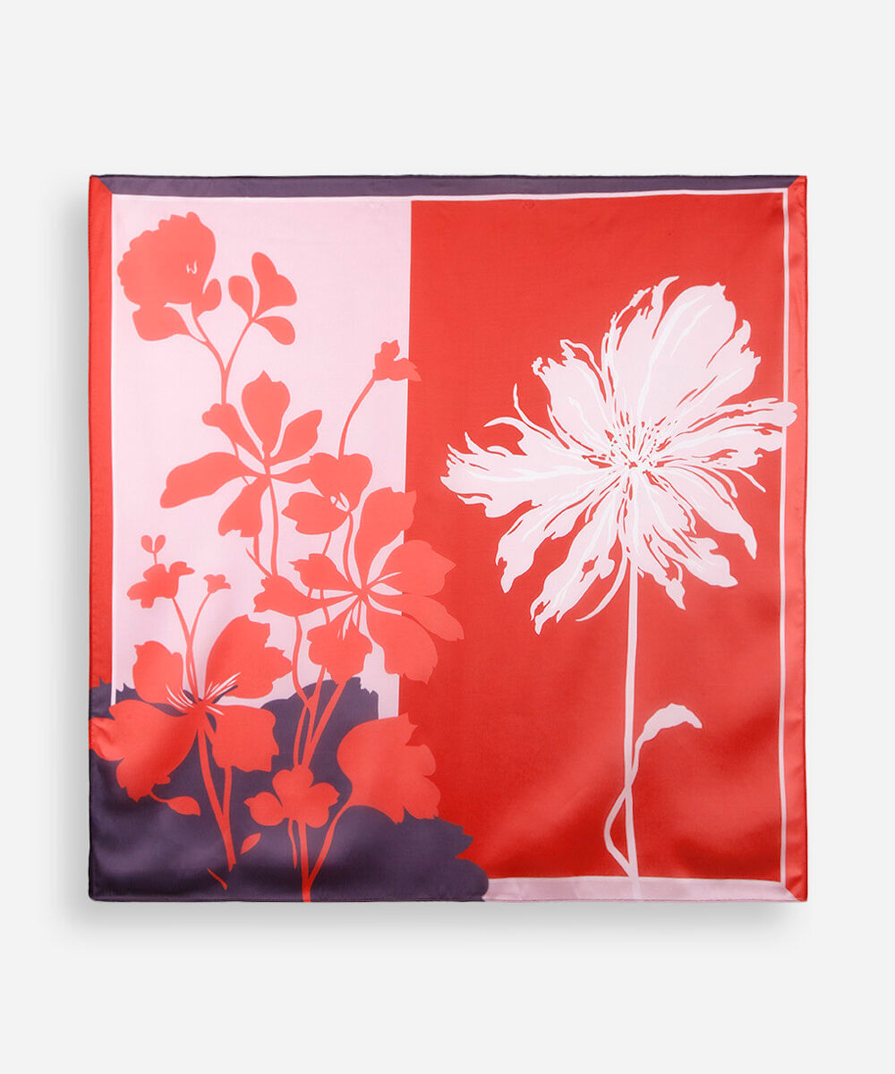 lenço quadrado feminino floral acetinado vermelho