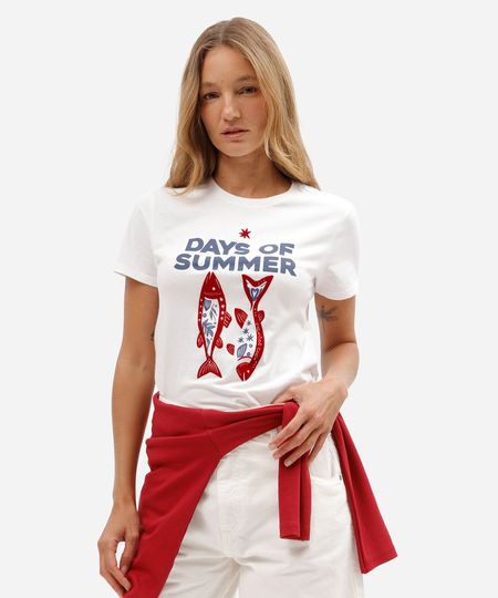 camiseta feminina de algodão manga curta estampada básica off white P
