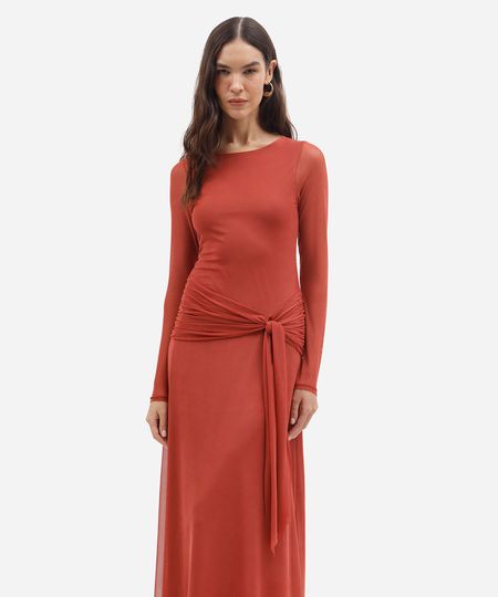 vestido longo feminino de tule manga longa com amarração laranja G