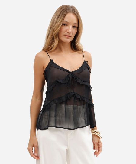 blusa feminina alça fina com babados texturizada preta PP