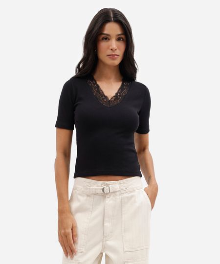 blusa feminina de algodão decote v com renda manga curta canelada preta P