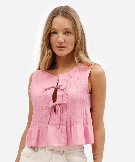 blusa feminina com linho pregas e amarração rosa M
