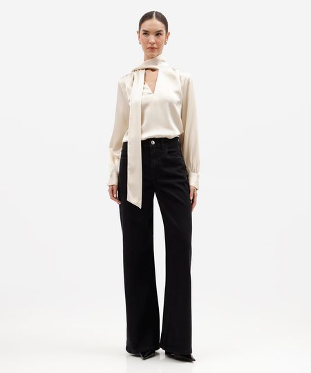 calça wide leg feminina jeans cintura alta preta 34