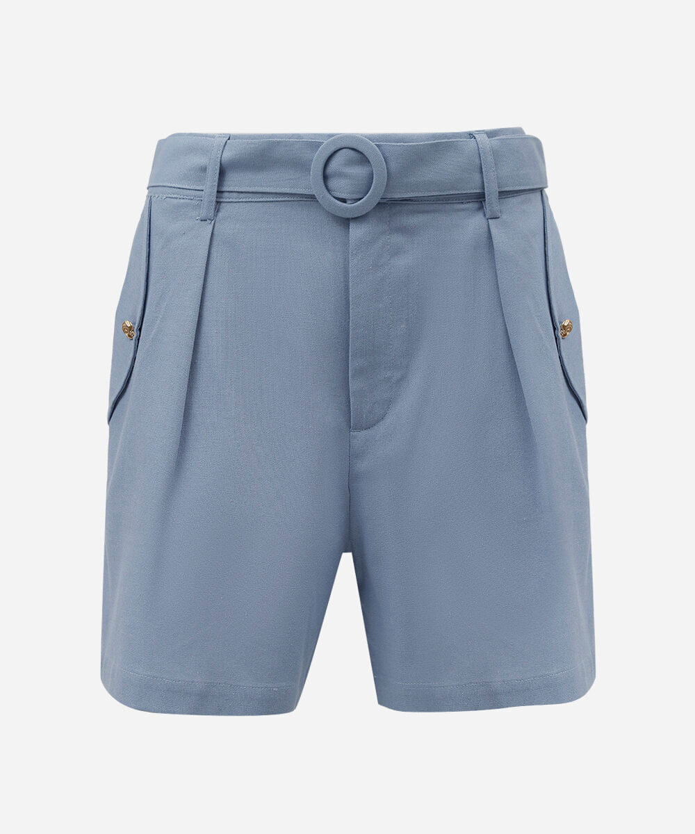 short de alfaiataria feminino com linho e cinto azul