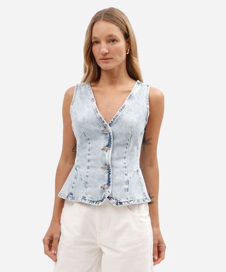 colete feminino jeans decote v com recortes azul P