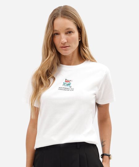 camiseta feminina de algodão manga curta estampada básica off white G