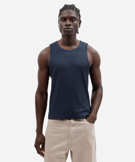 regata slim masculina de algodão canelada azul M