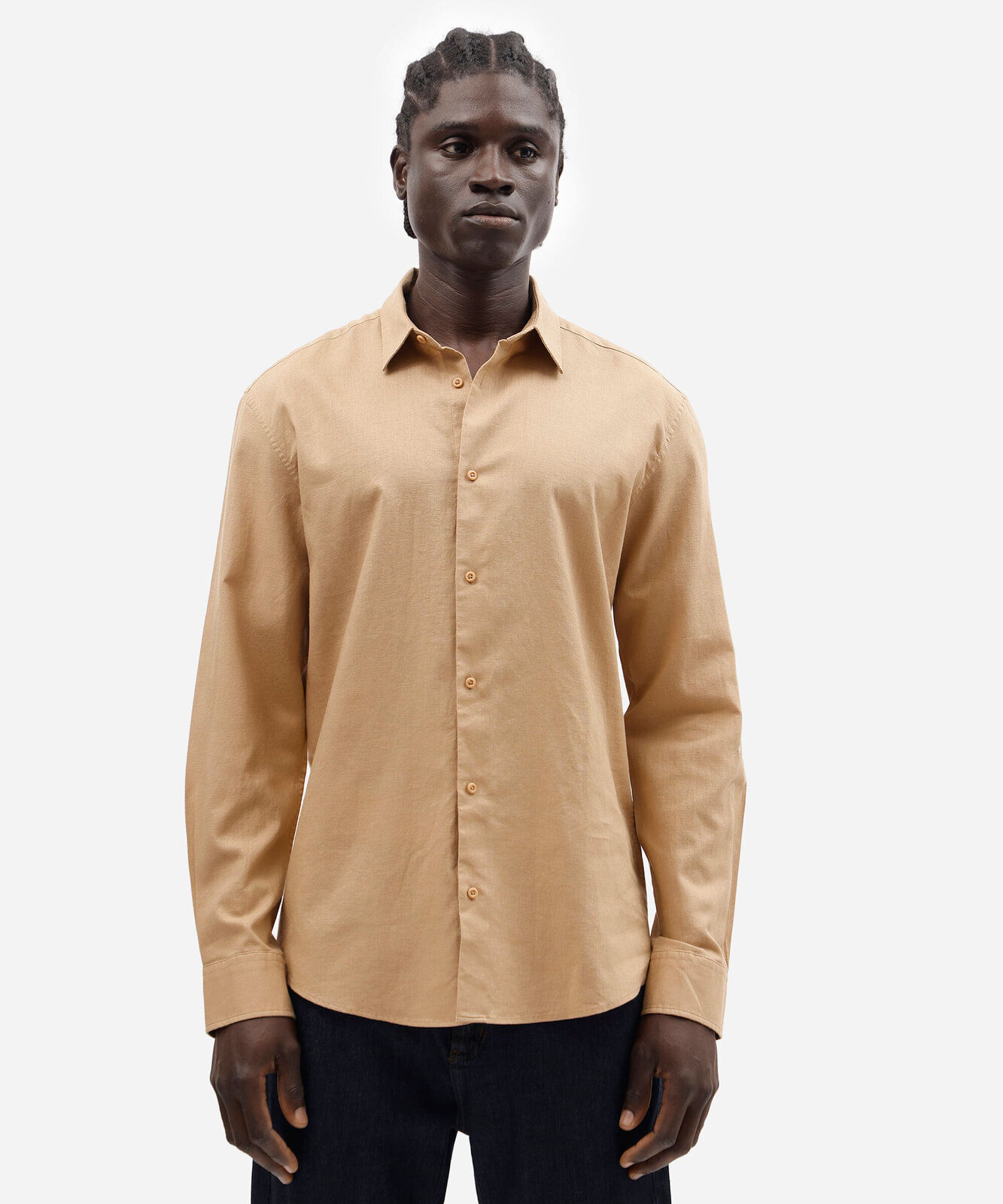 camisa masculina com linho manga longa amarela