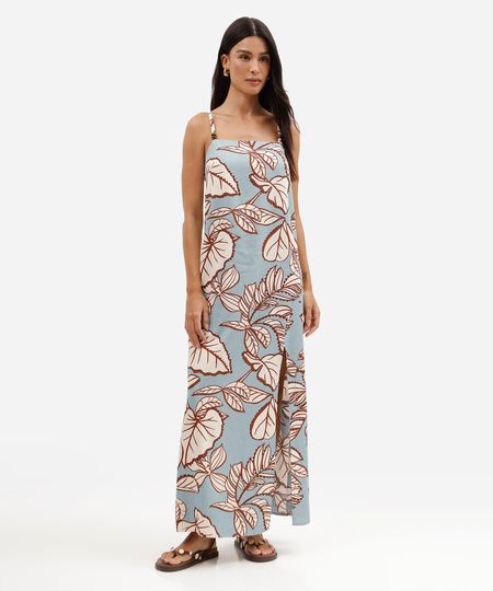 vestido longo feminino com linho e fenda folhagens azul GG
