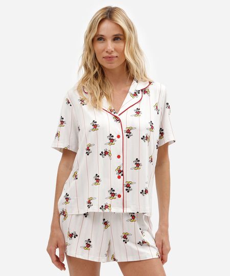 pijama americano curto feminino listrado mickey off white PP