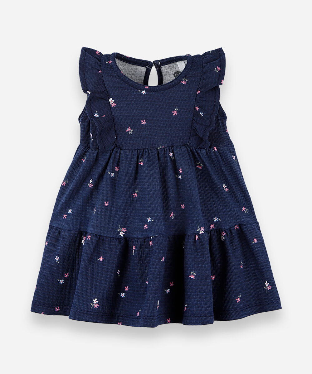 body vestido infantil com algodão e babado texturizado floral azul