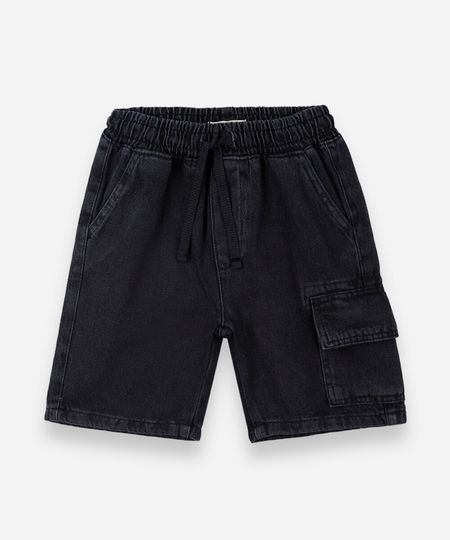 bermuda cargo infantil jeans cós elástico preta 4