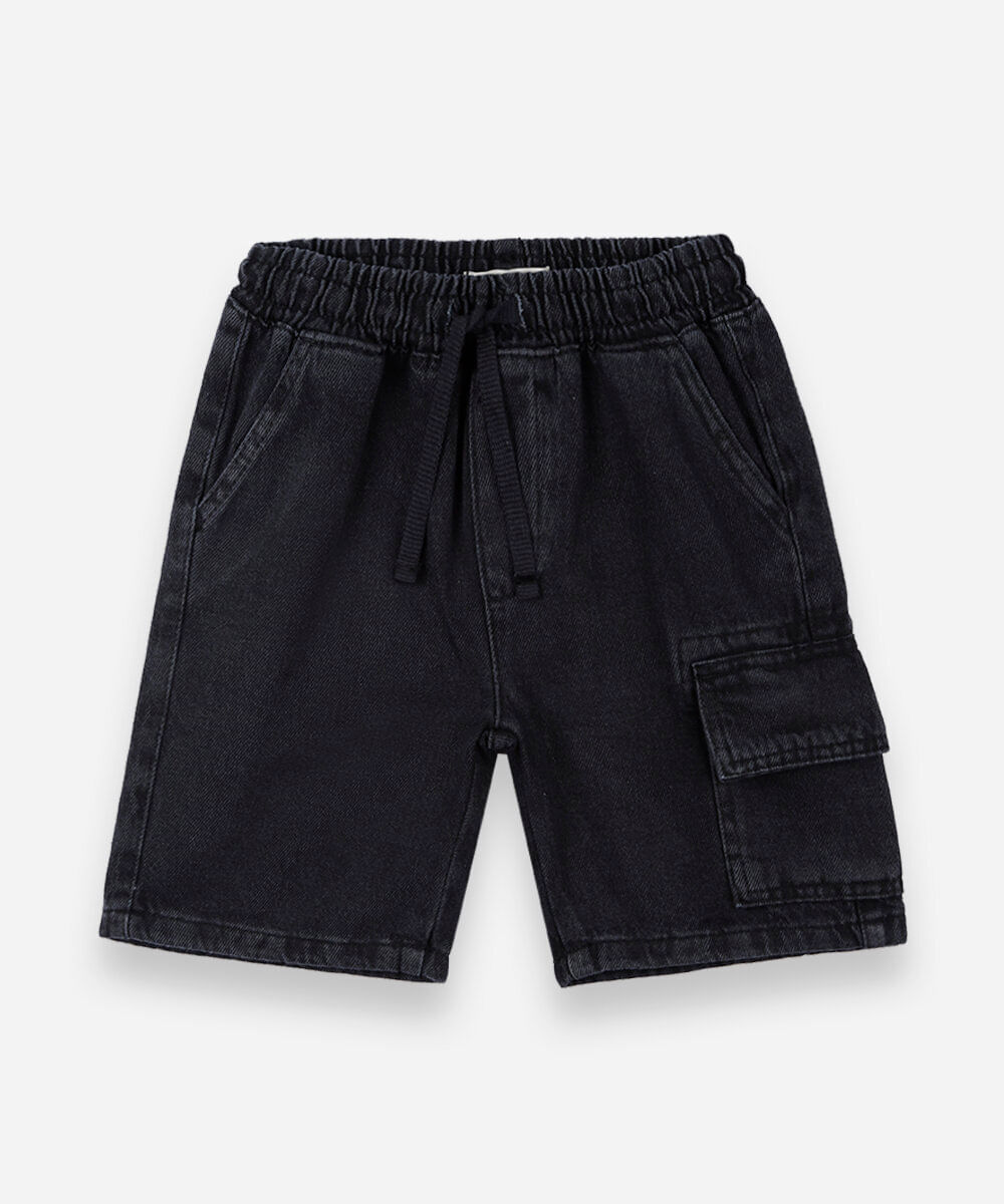 bermuda cargo infantil jeans cós elástico preta