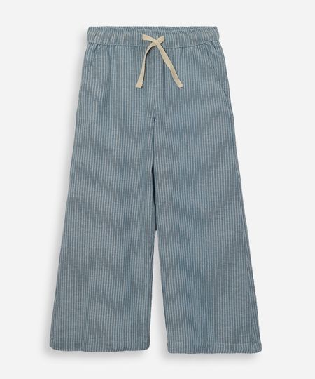 calça wide leg infantil com linho cós elástico listrada azul 6