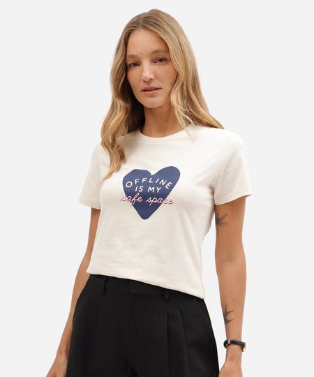 camiseta slim feminina de algodão manga curta estampada básica off white G