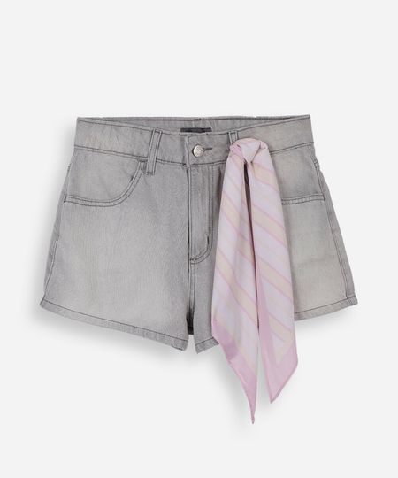 short juvenil jeans cintura alta com lenço cinza 10
