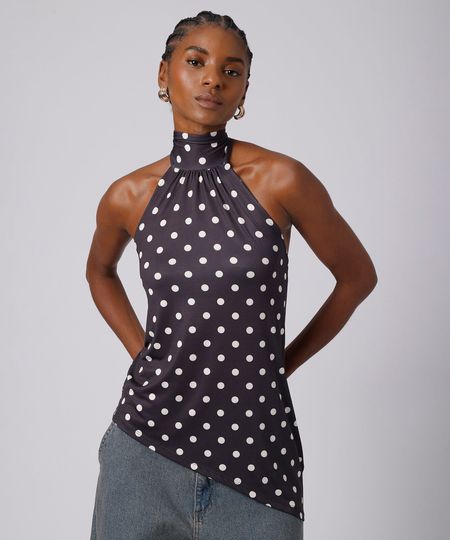 blusa frente única feminina gola alta assimétrica poá mindset preta P