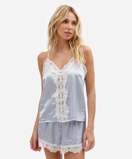 pijama short doll feminino acetinado com renda azul GG