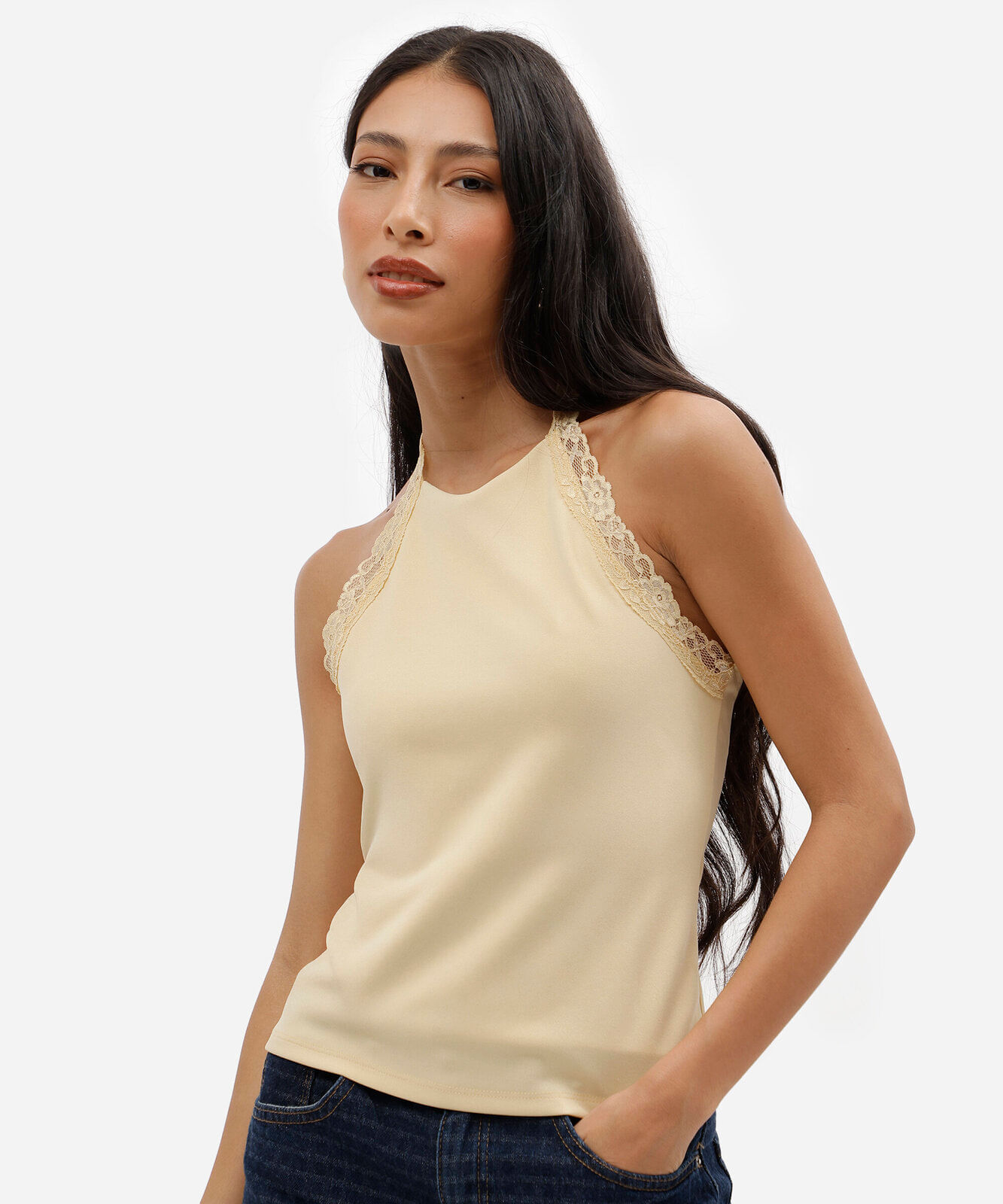 blusa feminina frente única com renda amarela