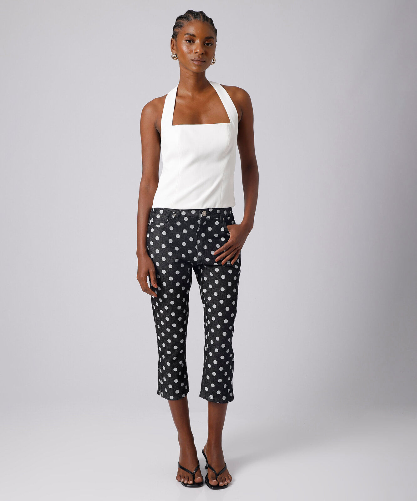 calça capri feminina jeans poá mindset cinza