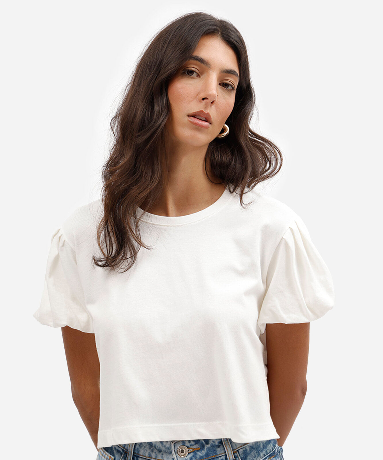 camiseta cropped feminina de algodão manga bufante off white