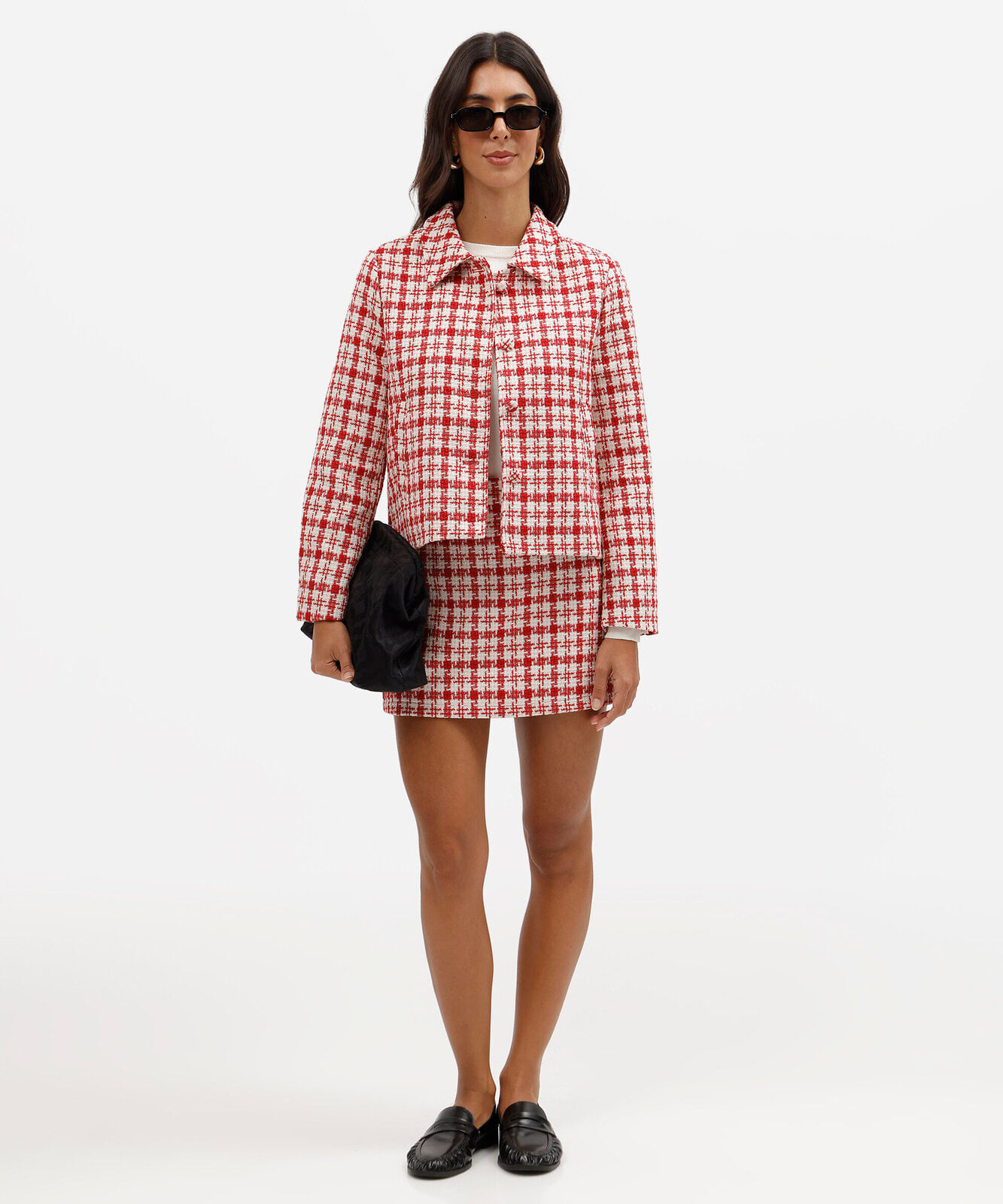 minissaia feminina de tweed xadrez vermelha
