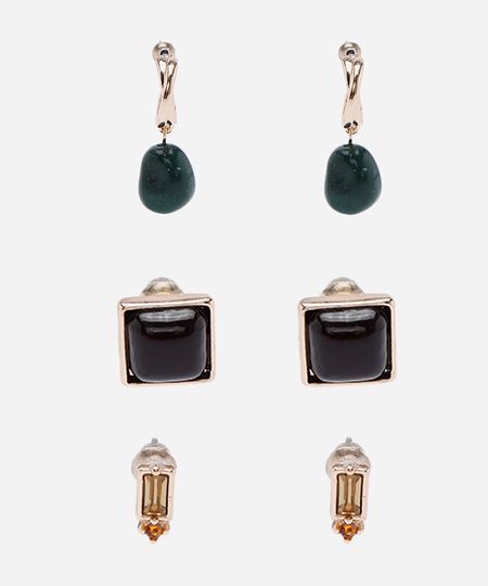 kit de 3 brincos argola resina e botões dourado UNICO