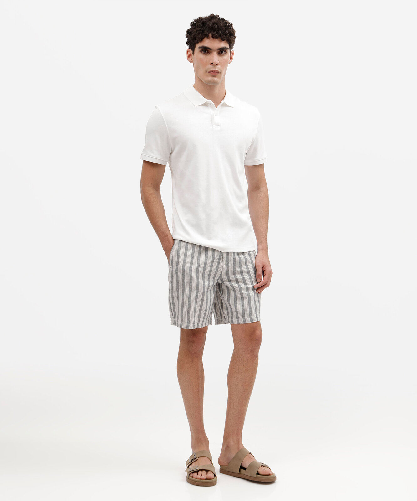 bermuda jogger masculina com linho listrada azul