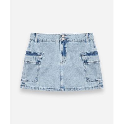 saia juvenil jeans com bolsos cargo azul