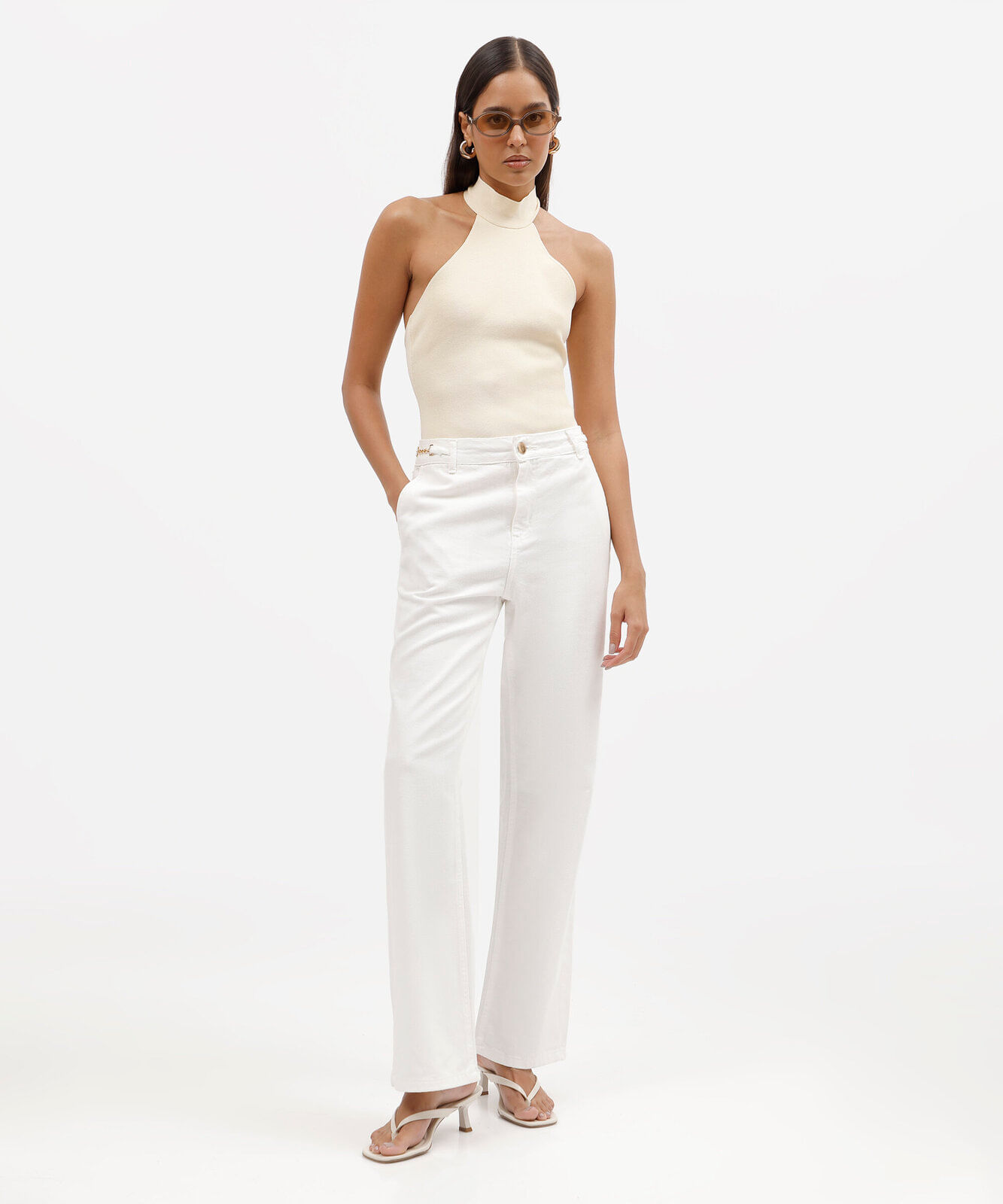calça wide leg slim feminina de sarja cintura alta off white