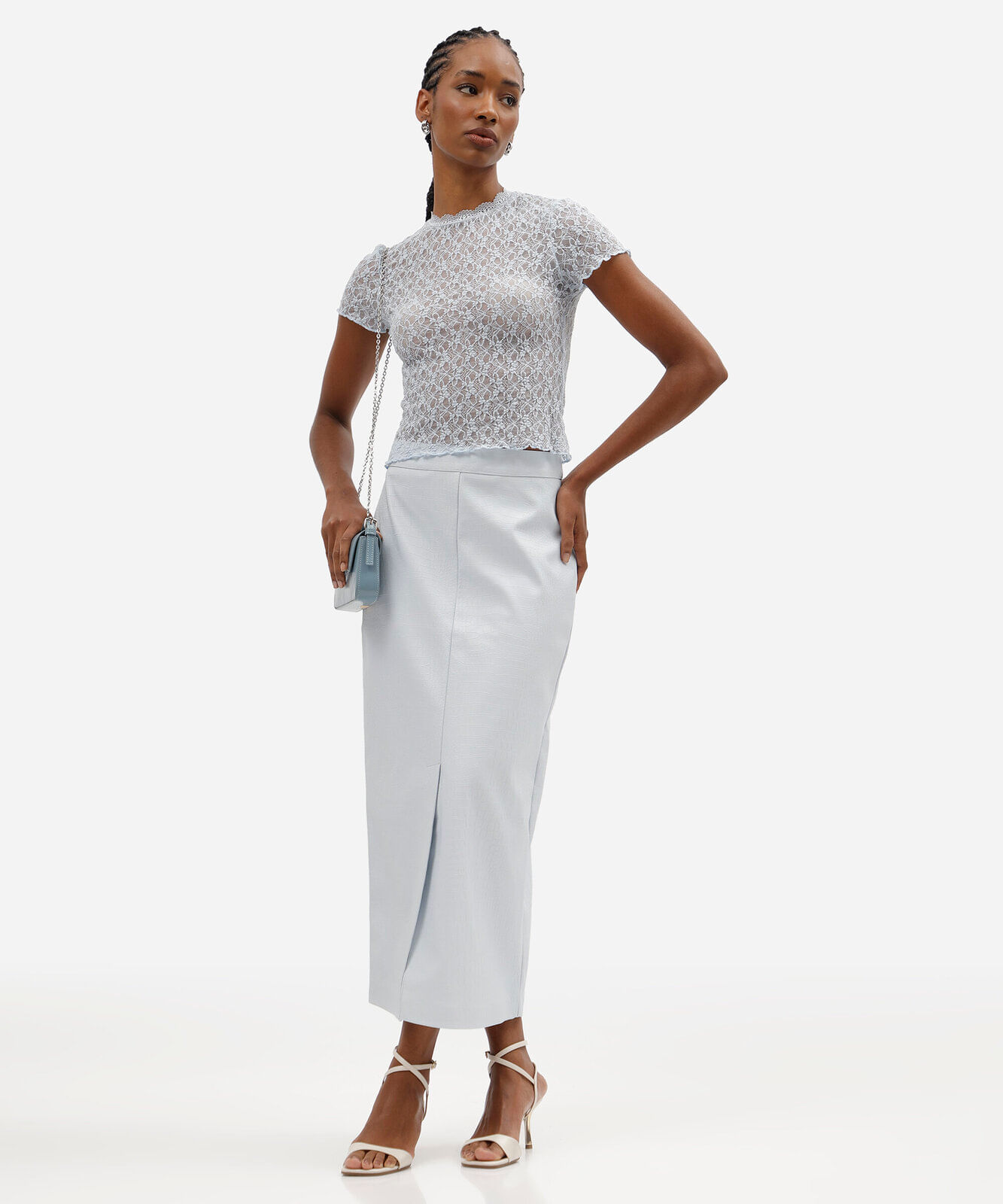 saia midi feminina com fenda croco azul