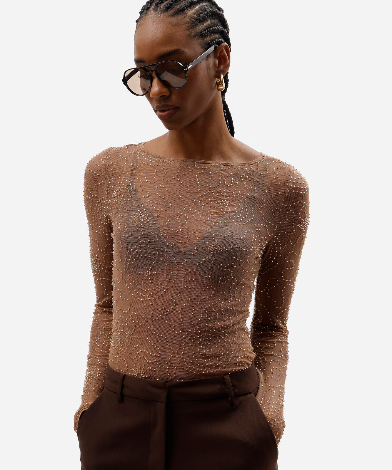 blusa feminina de tule bordado manga longa marrom