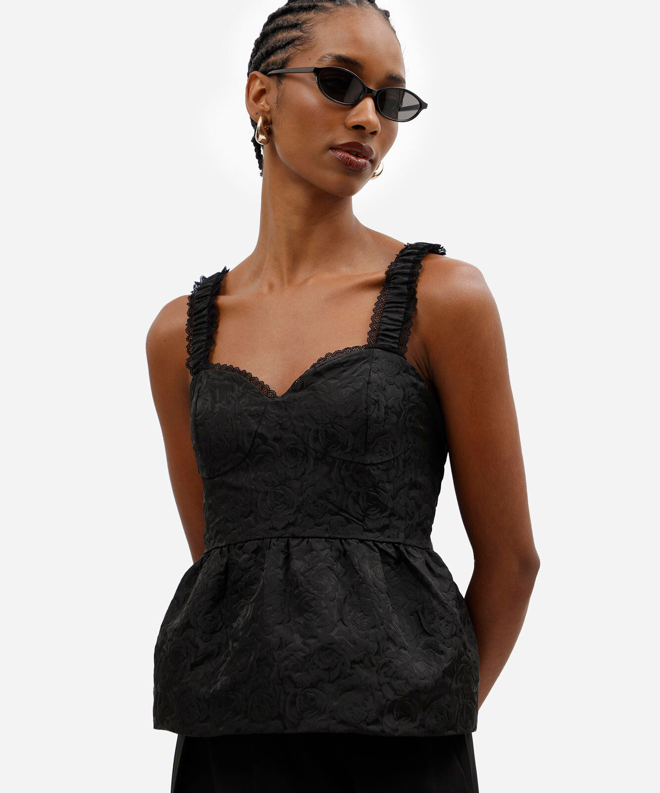 blusa peplum feminina da jacquard floral preta