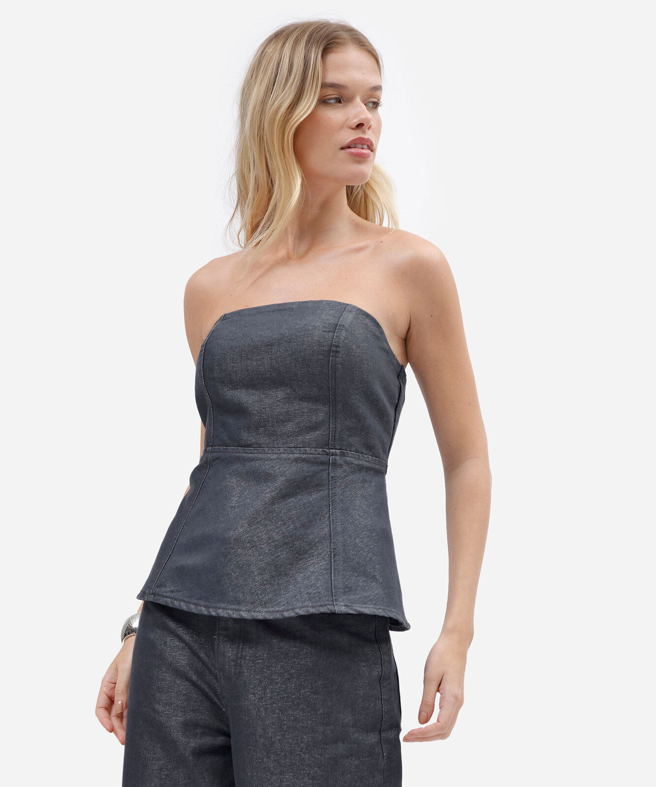 blusa peplum feminina jeans sem alça azul
