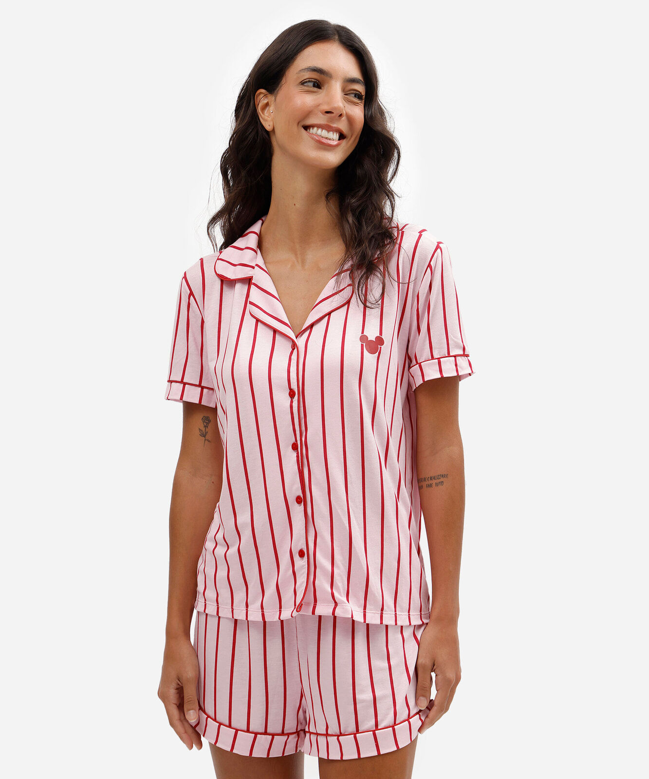 pijama curto americano feminino de viscose mickey listrado julia faria e mickey e amigos rosa