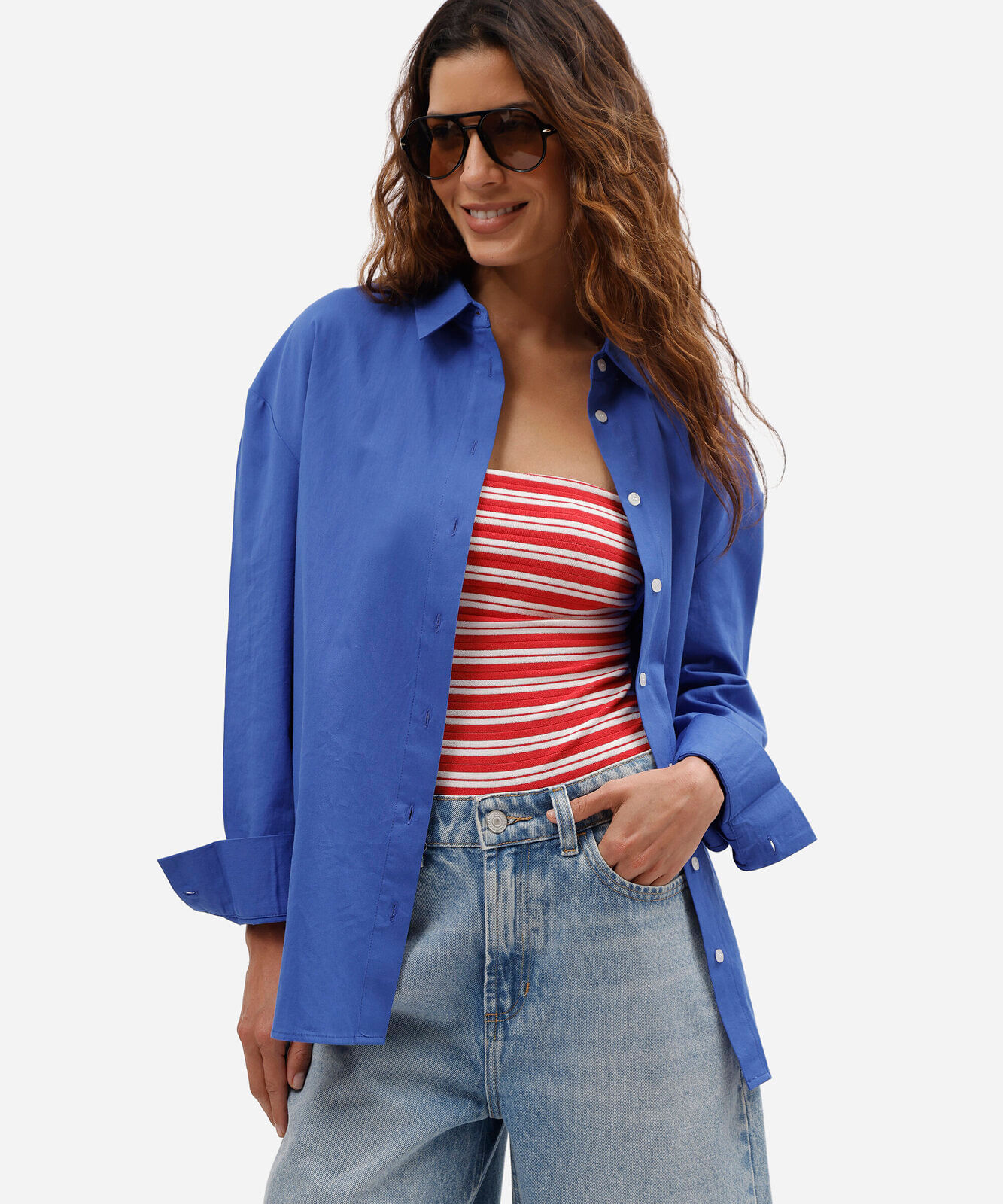 camisa feminina de algodão manga longa azul