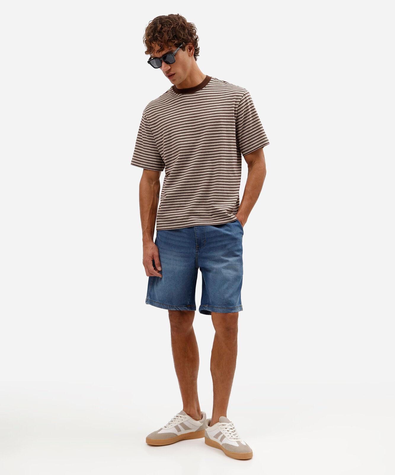 bermuda jeans masculina reta com cós de elástico azul