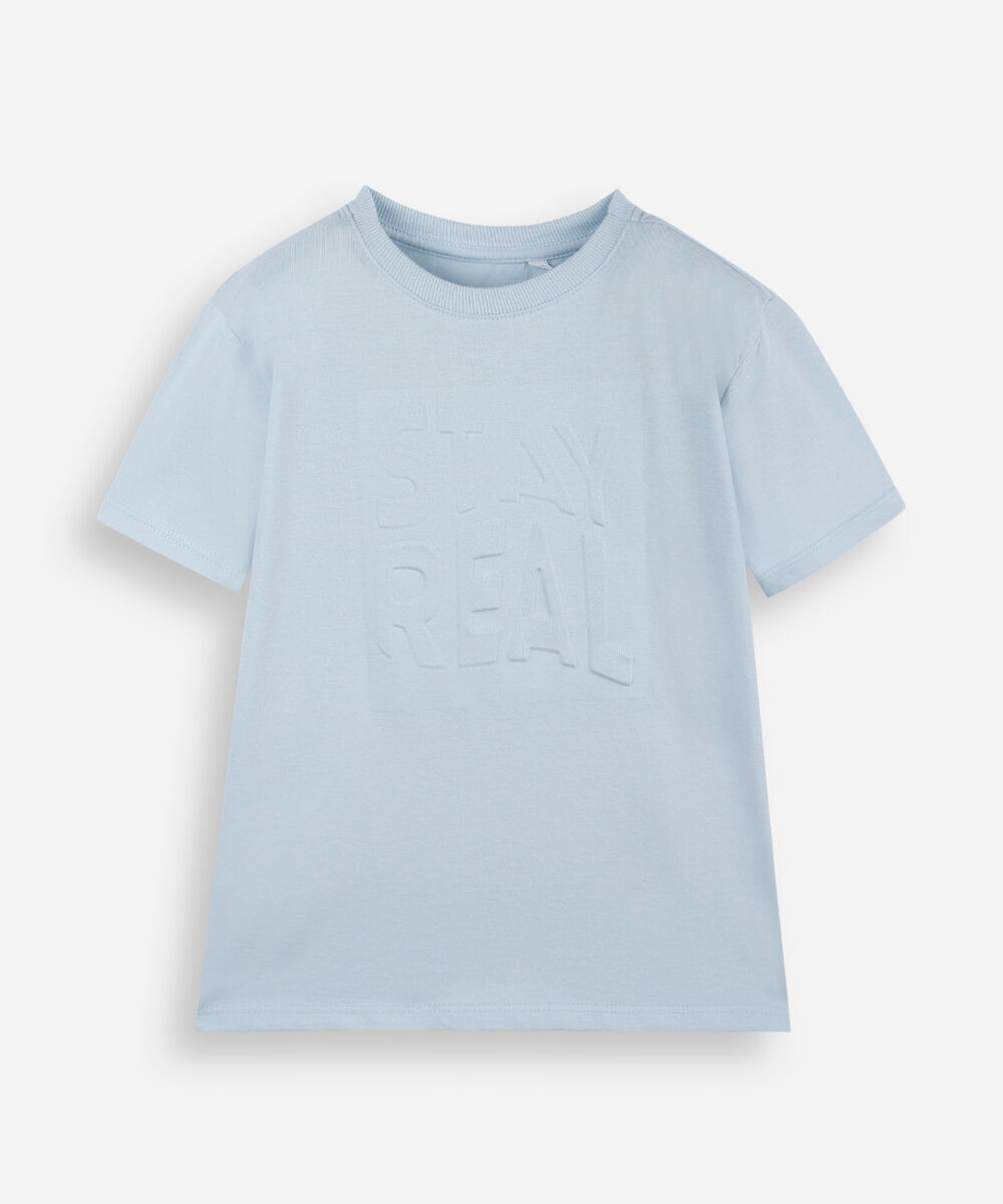 camiseta infantil de algodão manga curta estampa em relevo azul