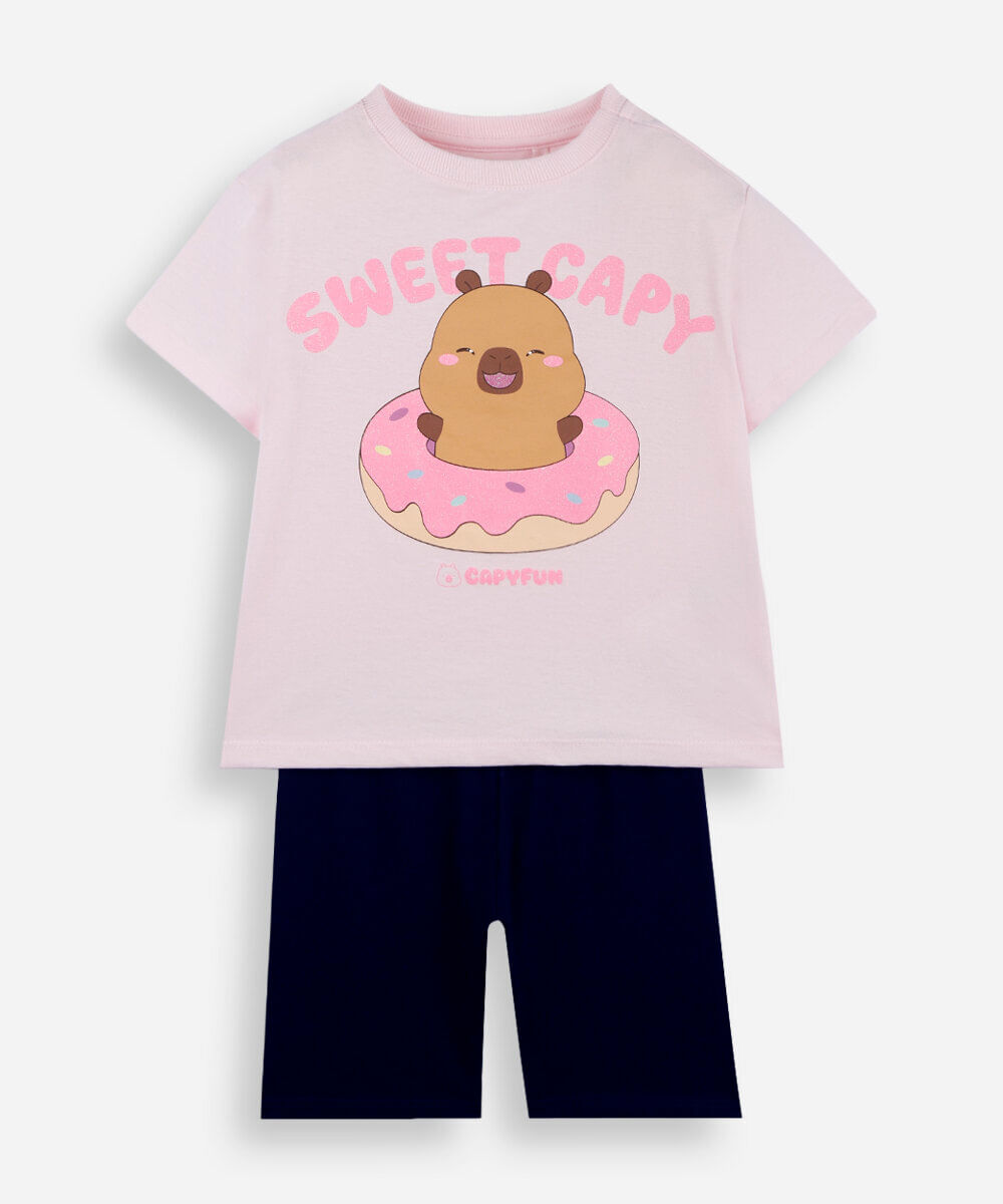 conjunto curto infantil de algodão capivara rosa