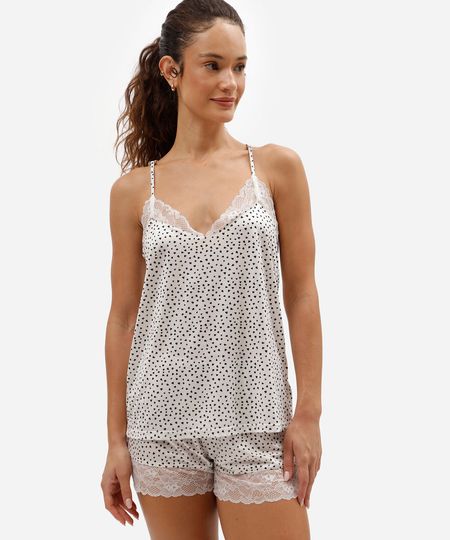 pijama short doll feminino de poliamida com renda corações off white PP