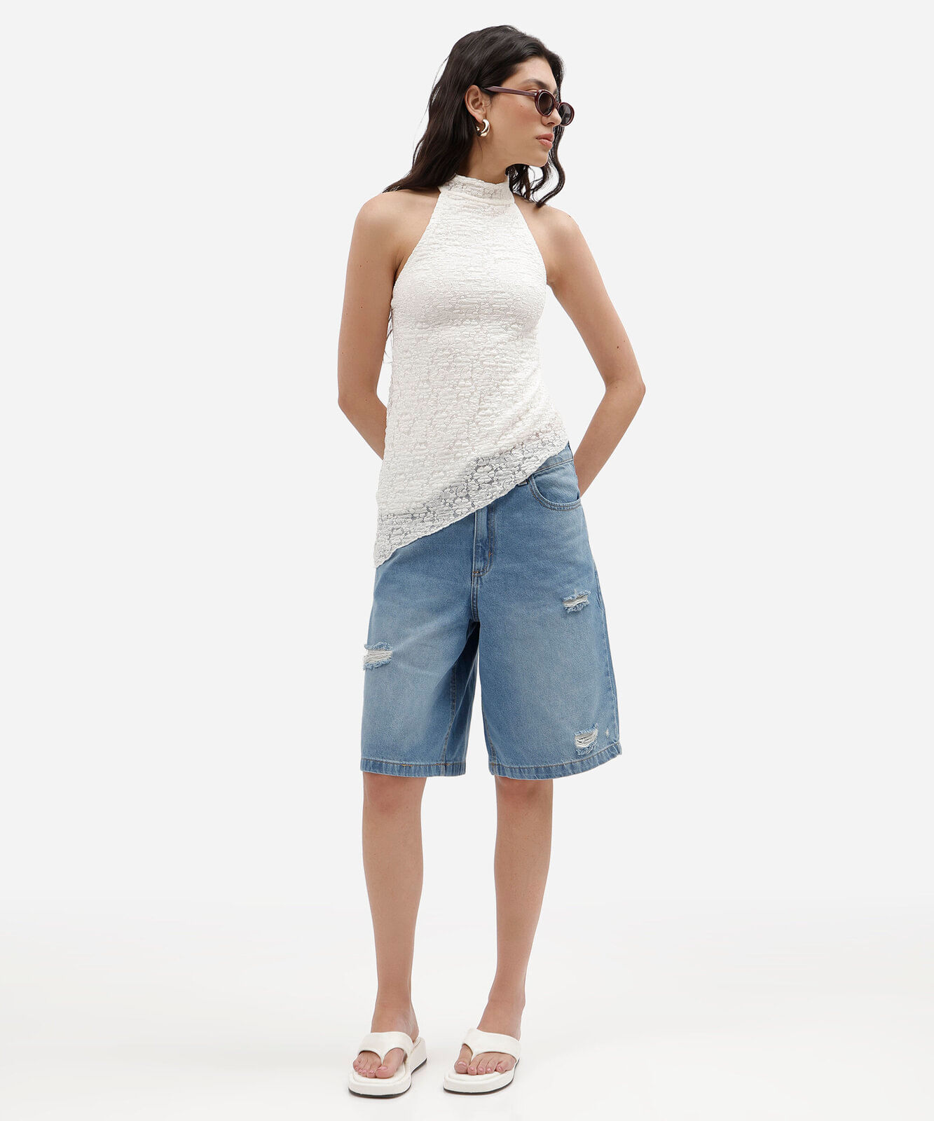 bermuda jorts feminina jeans cintura média destroyed azul