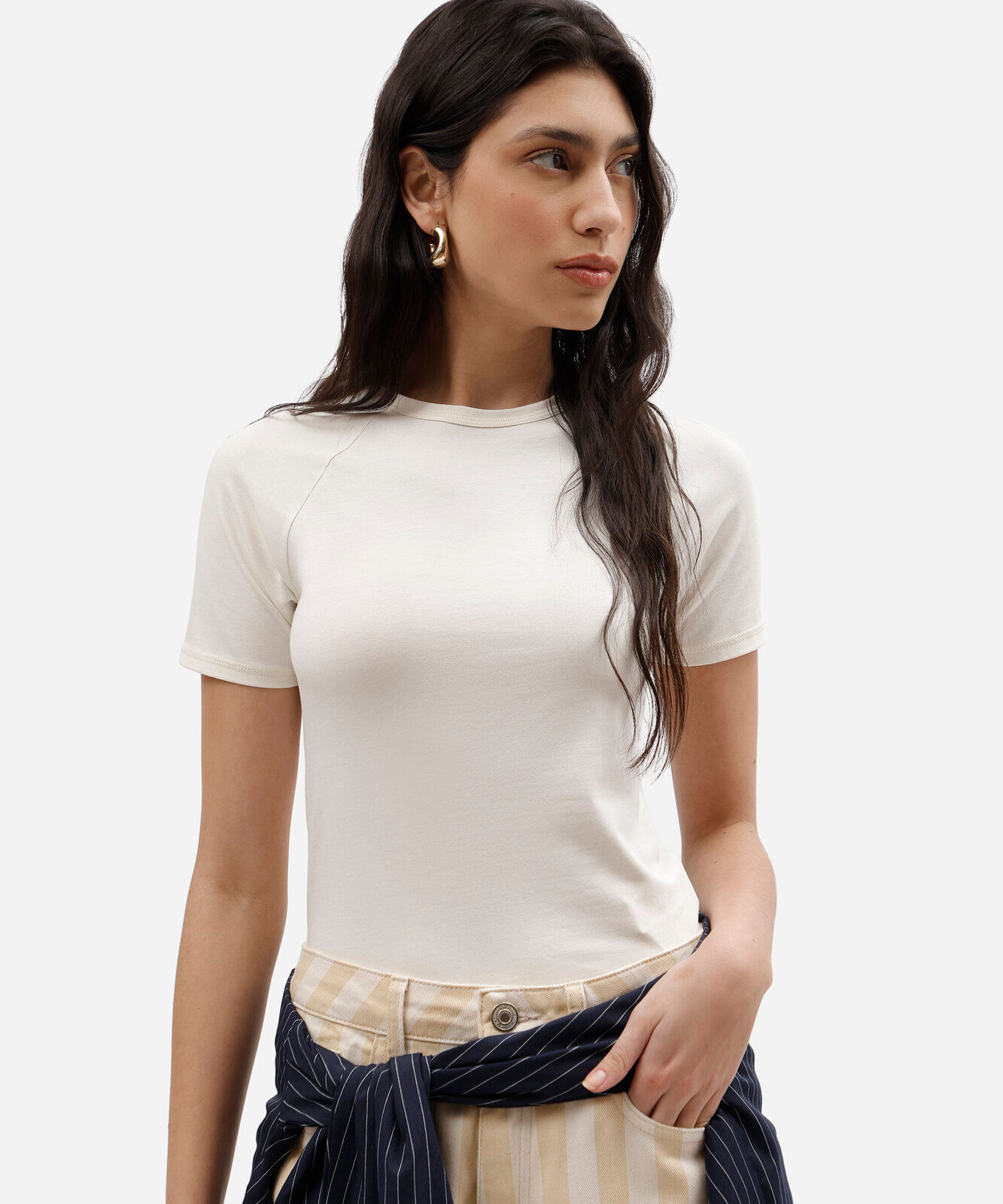 blusa baby look feminina de algodão manga curta raglan básica off white