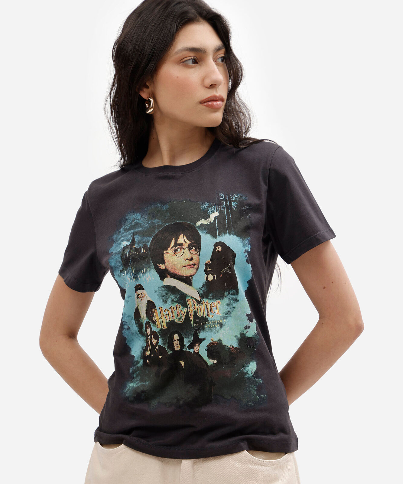 camiseta feminina de algodão manga curta harry potter cinza