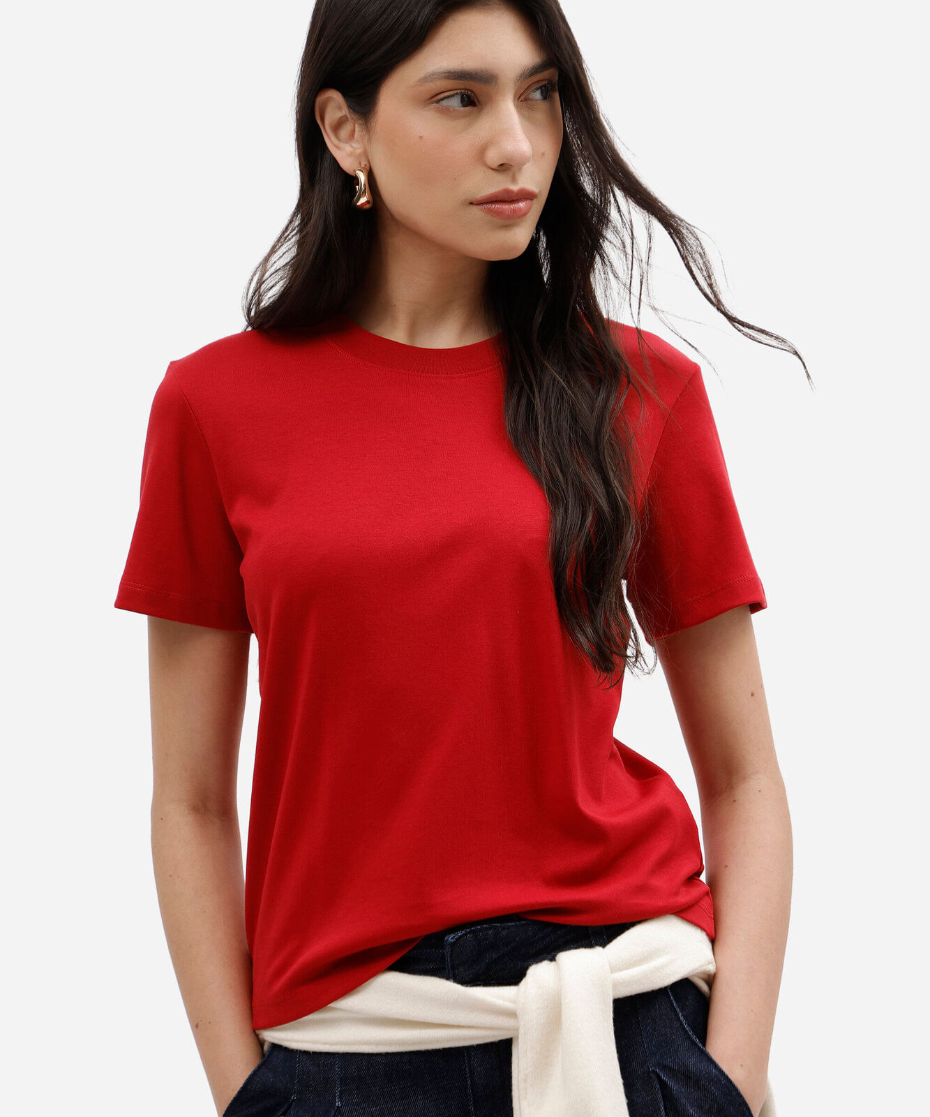 camiseta slim feminina de algodão peruano manga curta básica vermelha