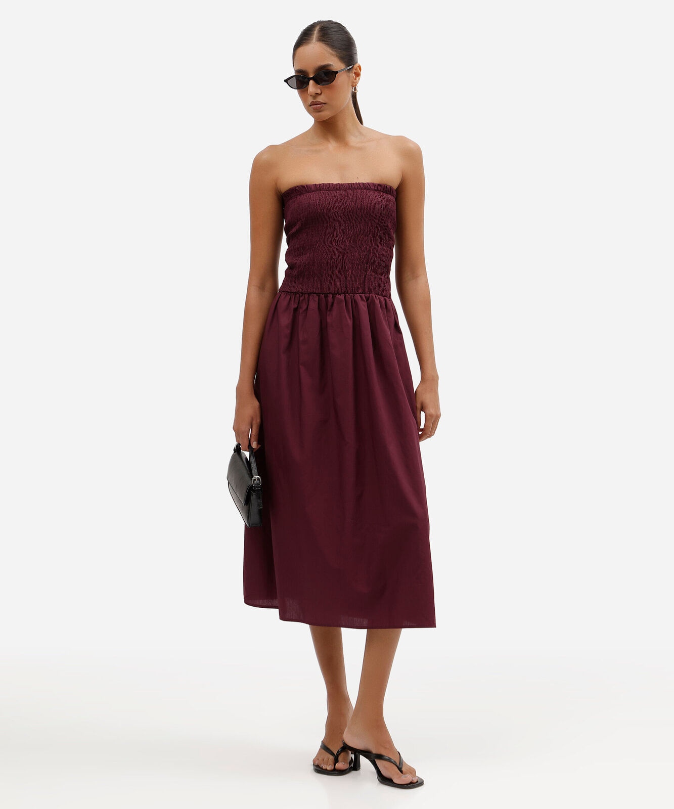 vestido midi feminino de algodão sem alça franzido roxo