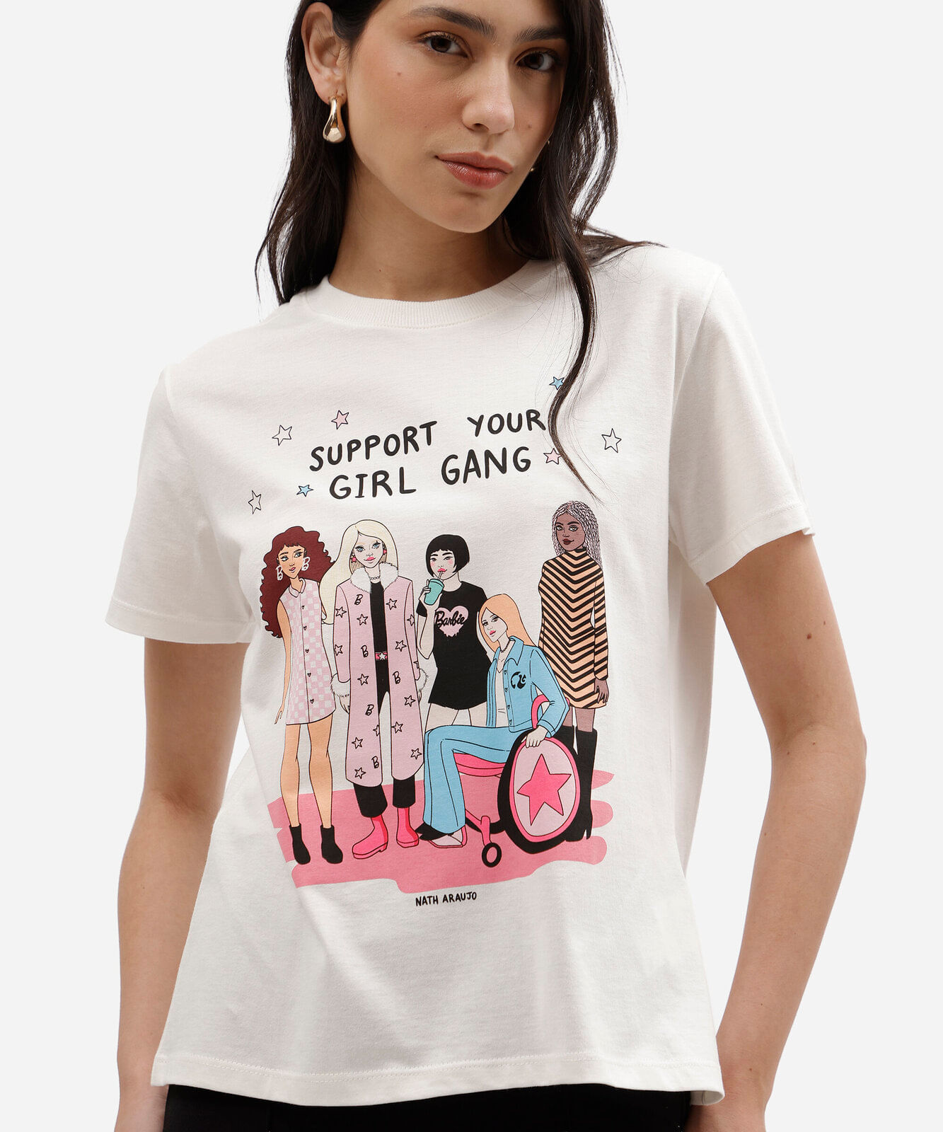 camiseta feminina de algodão manga curta barbie off white