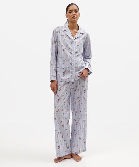 pijama americano feminino de algodão floral listrado azul M
