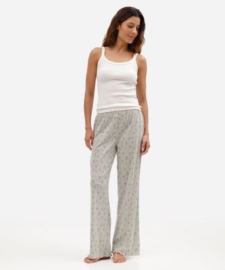 calça de pijama feminina em malha floral com barra ondulada verde M
