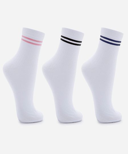 kit de 3 pares de meias femininas cano alto com listras off white 34-39