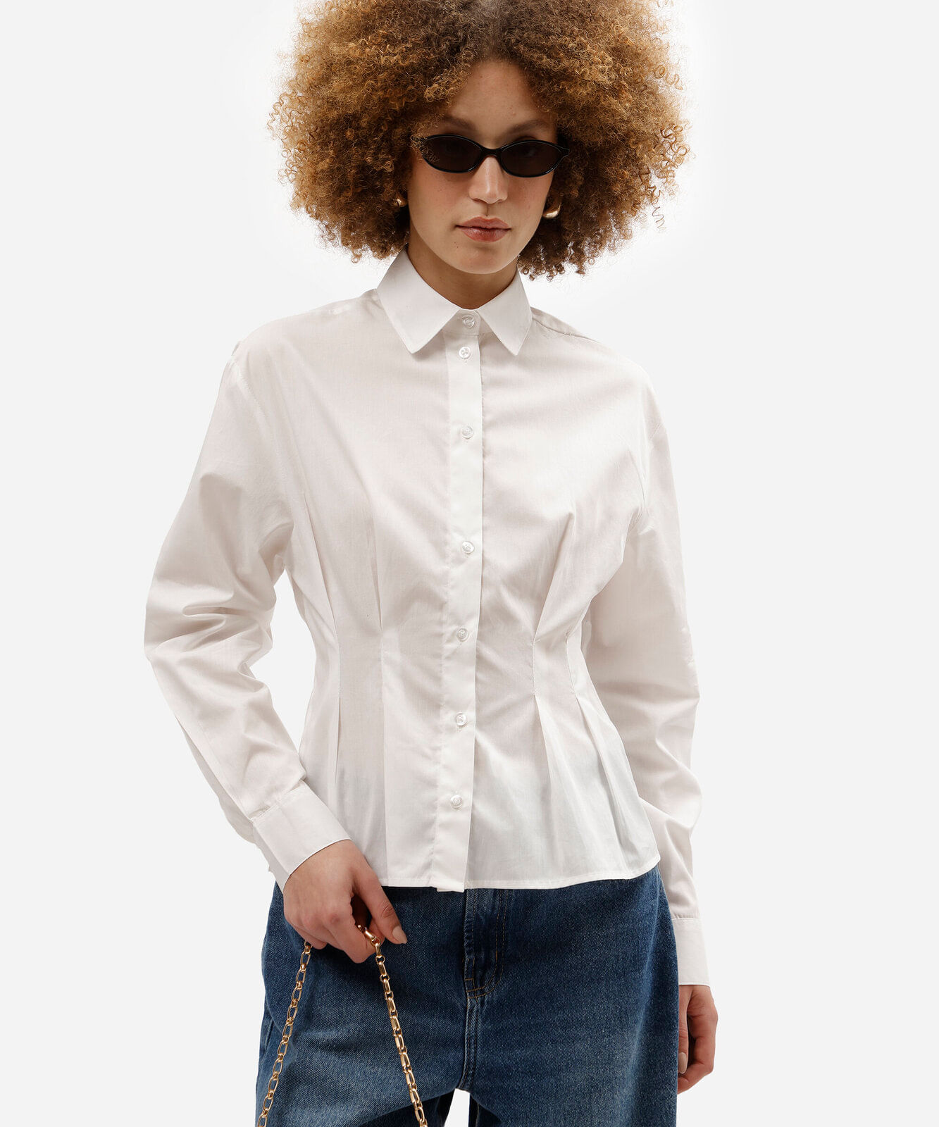 camisa feminina de algodão manga longa com pregas off white